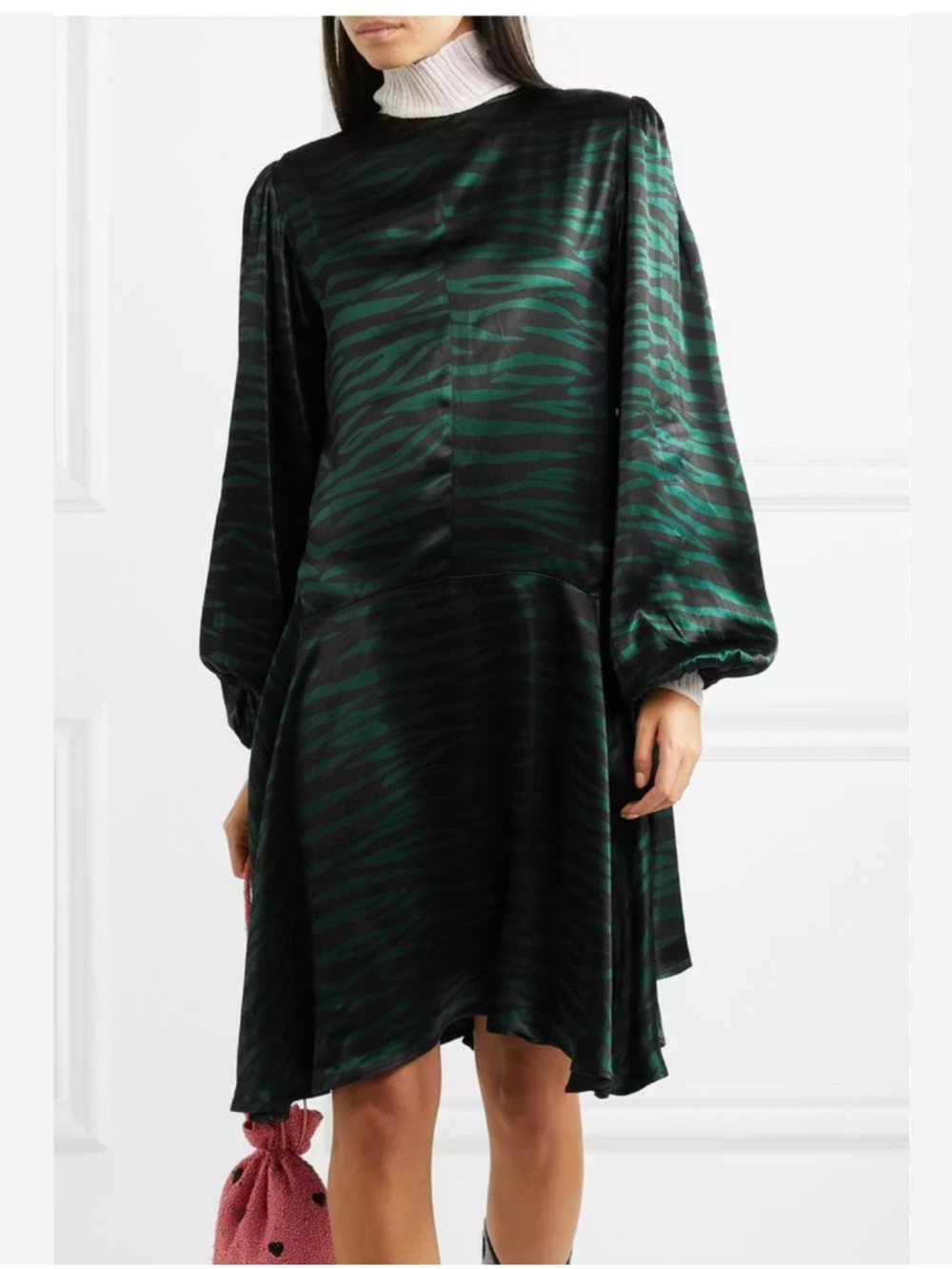 Ganni Green and Black Zebra-Print Satin Long-Sleeve Dress size 34/XS